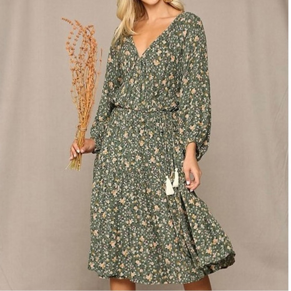 Cottagecore Green Floral Midi Wrap Dress, Women's Size Small, GiGio‎ USA